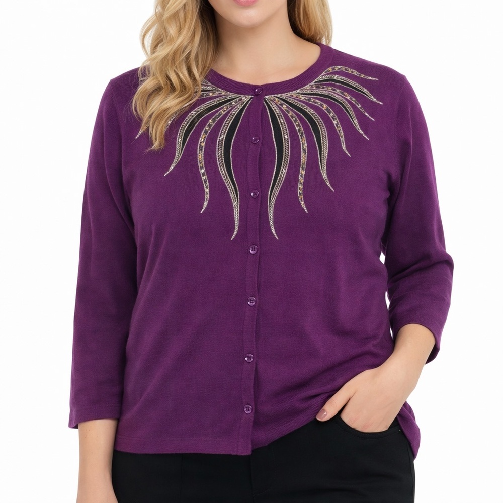 Purple Black Silver Sequin Embroidered Beaded Cardigan Sweater Witchy Whimsigoth